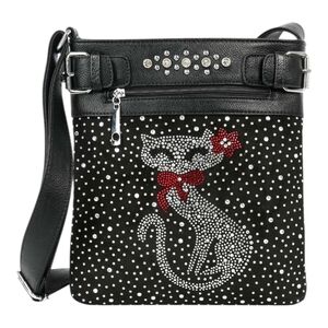 Black Rhinestone Cat Crossbody Bag with Red Accents